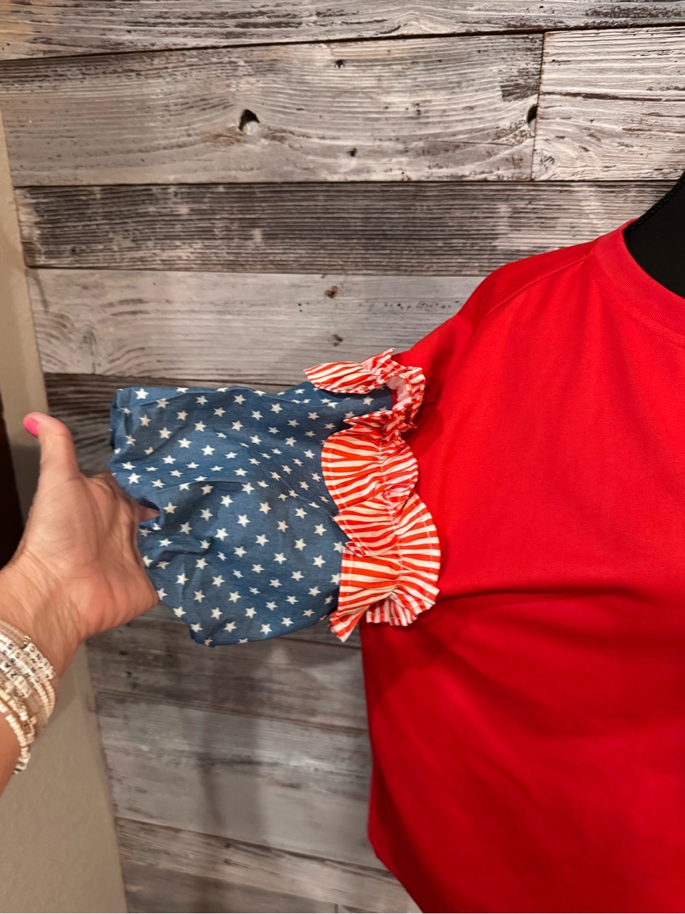 Amazon Red Top with Blue Star and Stripe Ruffle Sleeves - Picture 3 of 9